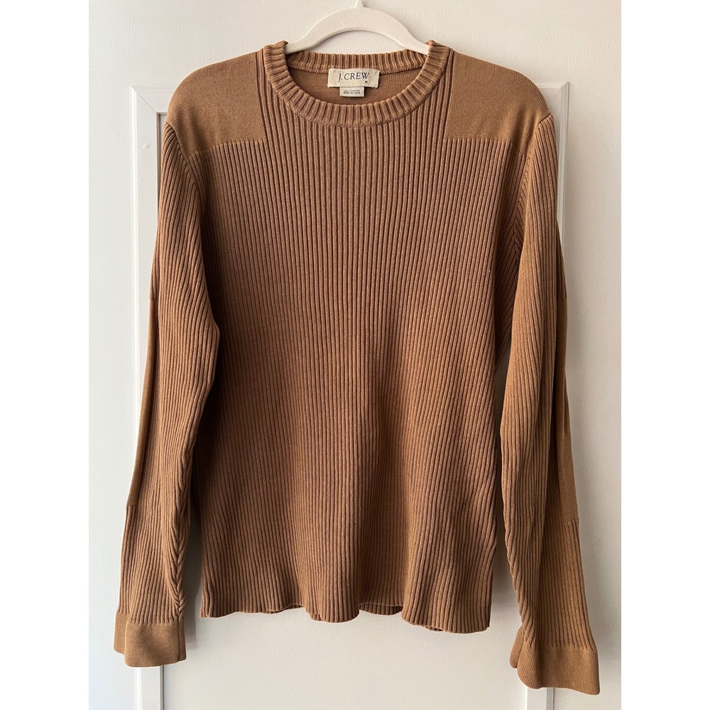 J.Crew Womens Camel Brown Ribbed Cotton Crewneck Sweater Mixed Knit Size M